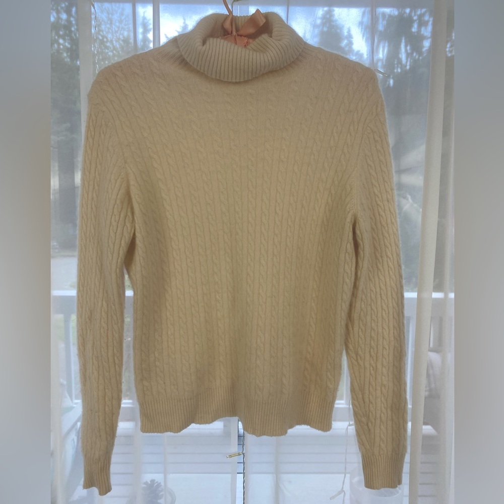 Delicate White 2 ply Cashmere Cable Knit Turtleneck Sweater by Charter Club